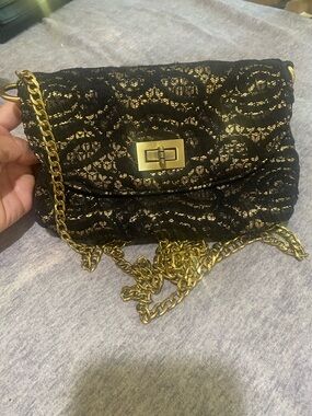 Black Lace Crossbody Bag with Gold Chain